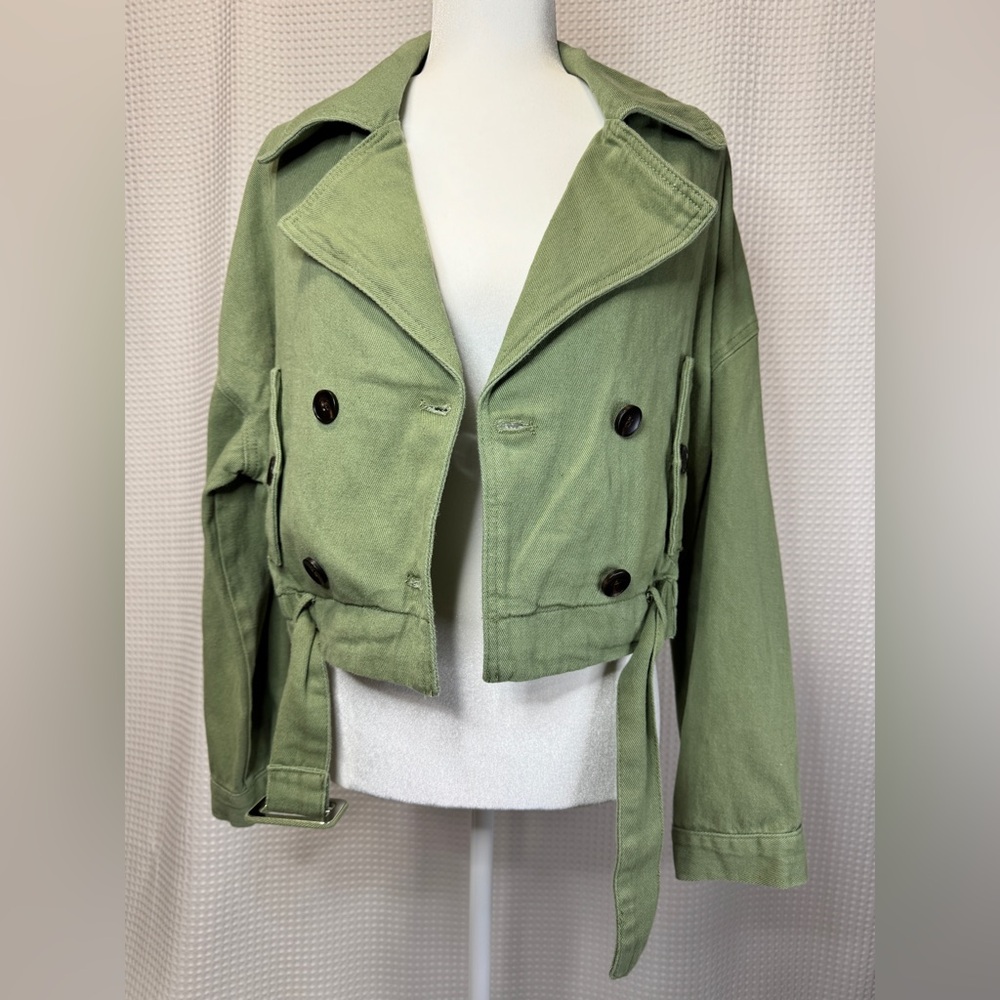 BLANKNYC Double Breasted Cropped Trench Jacket Olive Green Size S NWT